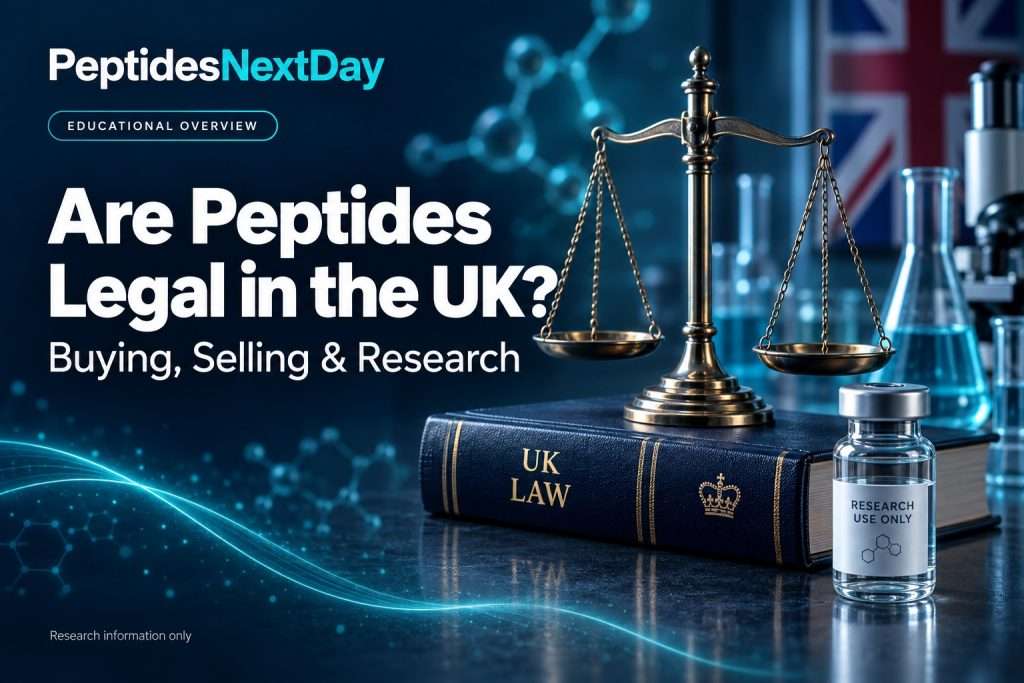 UK peptide law cover with balance scales, a law book and a research-use-only vial.